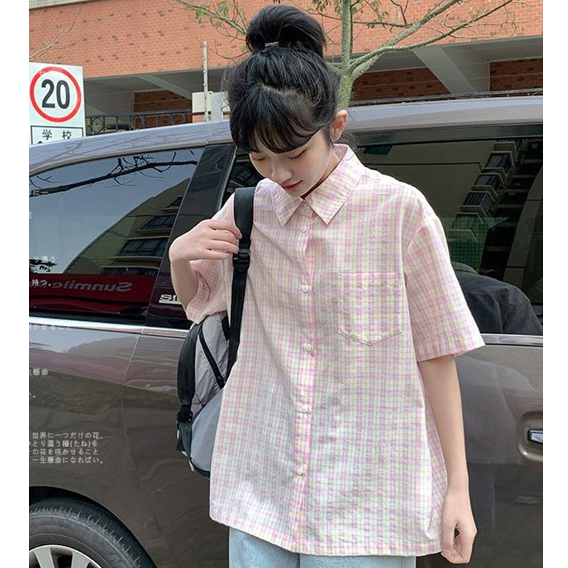 日系纯棉格子短袖衬衫学院POLO衫夏季小清新学生jk制服基础款衬衣