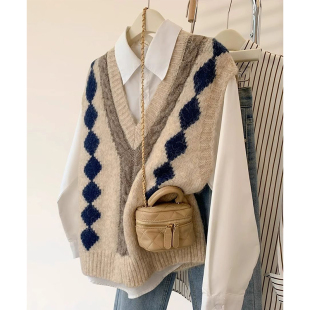 韩系叠穿菱格v领针织马甲背心女2025秋季 毛衣外搭 慵懒风宽松无袖