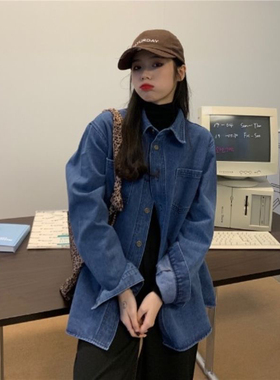 内搭叠穿蓝色牛仔衬衫外套女2025春秋新款复古宽松小个子超软衬衣