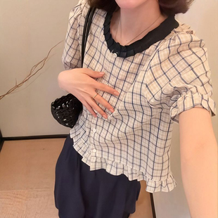 设计感小众甜美减龄圆领木耳边上衣 蓝色格子短袖 衬衫 女款 2025夏季