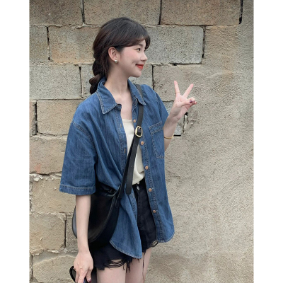 蓝色牛仔短袖衬衫小外套女