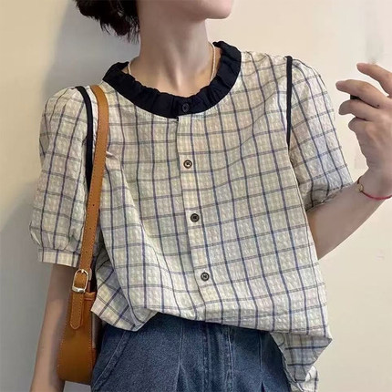 韩系复古拼色花边领格子短袖衬衫夏季女气质百搭显瘦薄款衬衣上衣