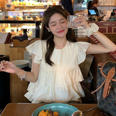 可爱甜美宽松荷叶边别致雪纺衬衫 杏色元 夏季 法式 气小飞袖 上衣女款