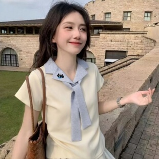 可爱卡通猫咪刺绣短款短袖女拼色条纹领带polo衫T恤修身皱褶上衣
