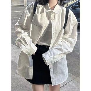 时尚 衬衫 韩版 简约百搭polo领白色长袖 外套 女夏季 慵懒宽松衬衣开衫