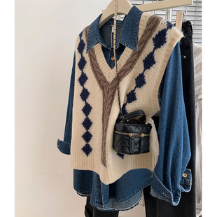 内搭叠穿牛仔衬衫针织马甲套装女2025秋冬新款复古港风上衣两件套