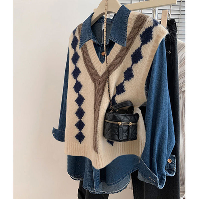 内搭叠穿牛仔衬衫针织马甲套装女2025秋冬新款复古港风上衣两件套