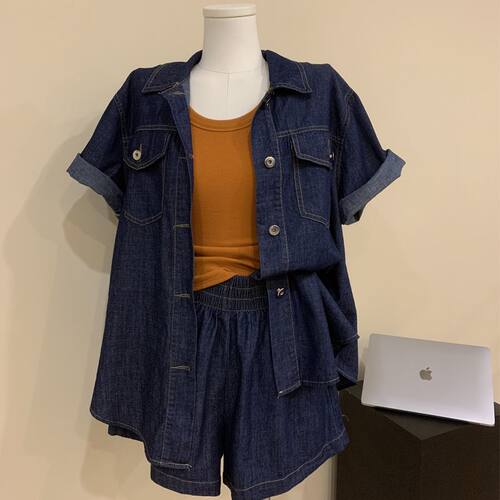 复古蓝色牛仔短袖衬衫女2026年夏季韩版休闲宽松a字阔腿短裤套装