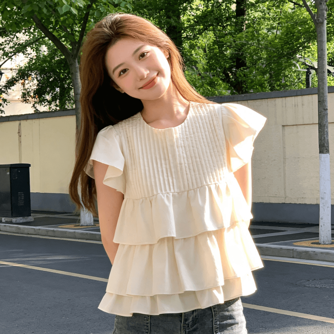 独特漂亮巨好看衬衫女轻奢减龄宽松显瘦小个子短袖荷叶边杏色上衣