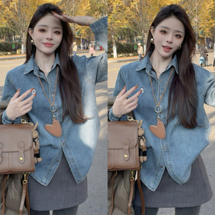 韩系复古蓝色加绒加厚牛仔衬衫外套女冬季设计感宽松叠穿内搭上衣