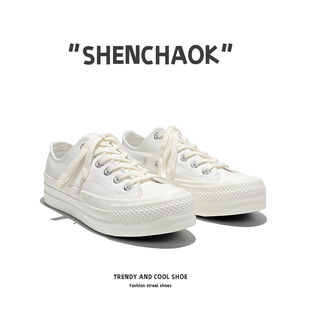 厚底增高帆布鞋女2026新款1970s低帮小白鞋休闲平底校园风潮鞋