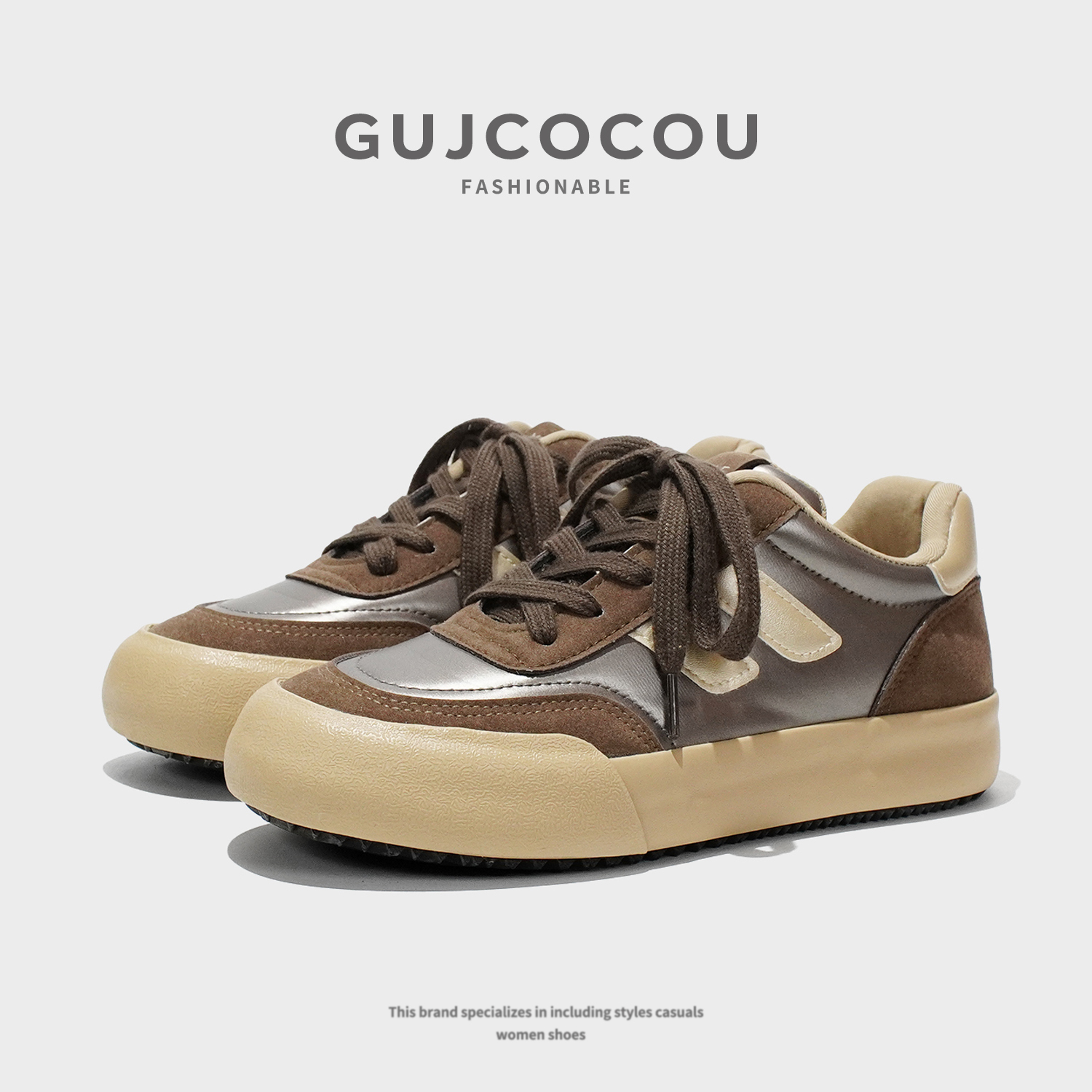 棕色厚底板鞋女chic丑萌拼色系带运动鞋时尚休闲百搭小众德训鞋