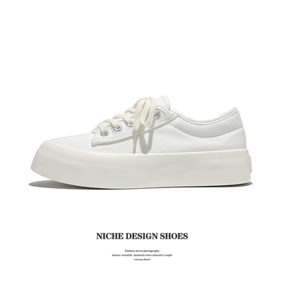 经典纯白色帆布鞋女款低帮厚底小白鞋春季透气设计感小众增高板鞋