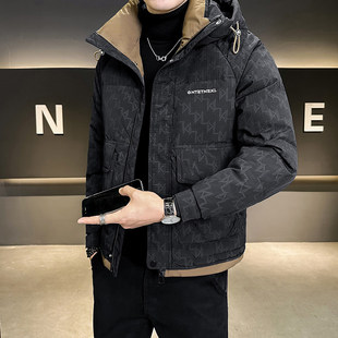 高端男士连帽棉衣冬季潮牌暗花设计感棉服2025新款加厚棉袄子外套