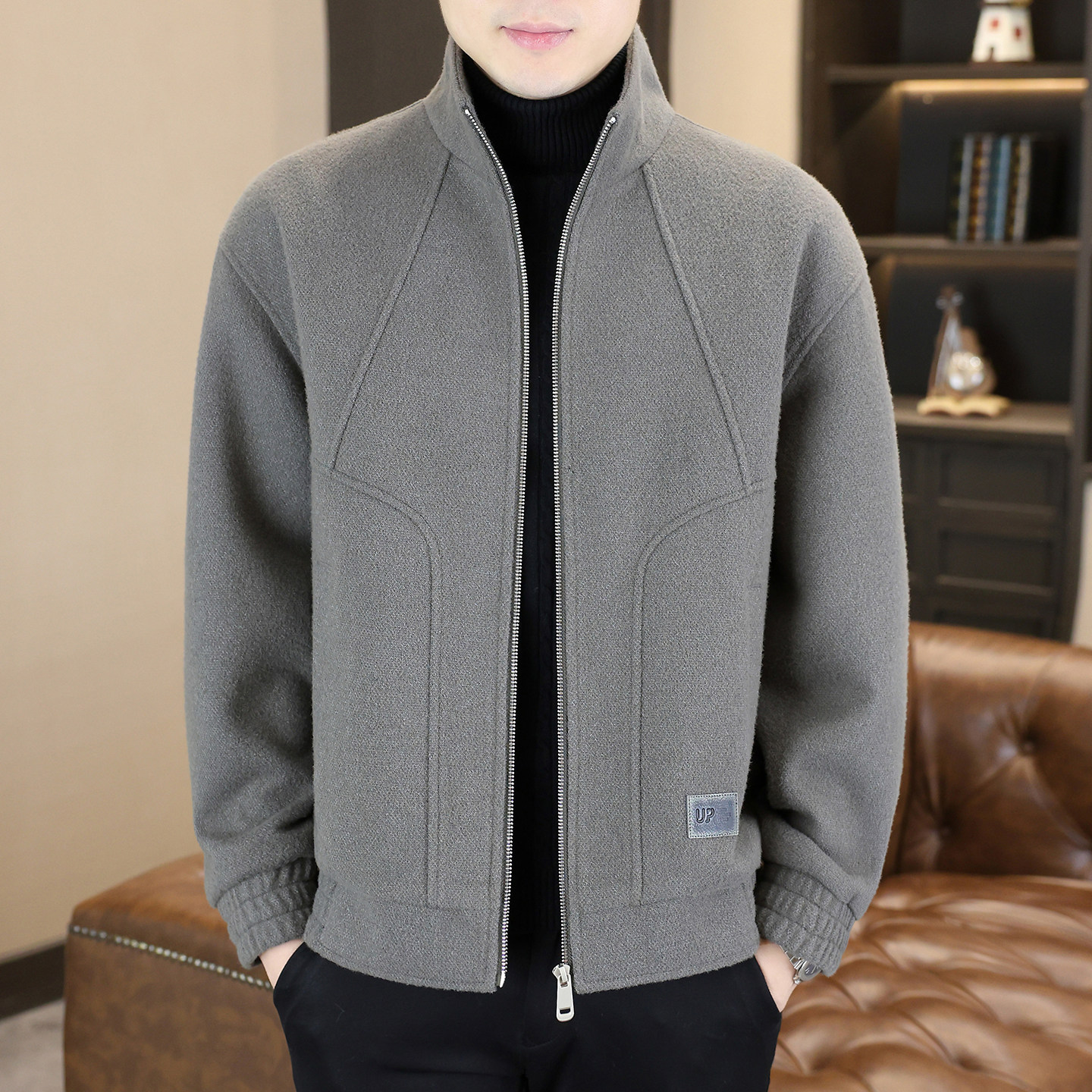 高端呢子大衣男短款冬季加厚保暖高级感外套男轻熟风立领毛呢夹克