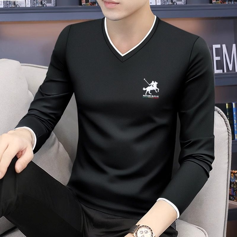 纯棉V领T恤男长袖2024春秋新款潮流印花修身内搭高端男士打底衫
