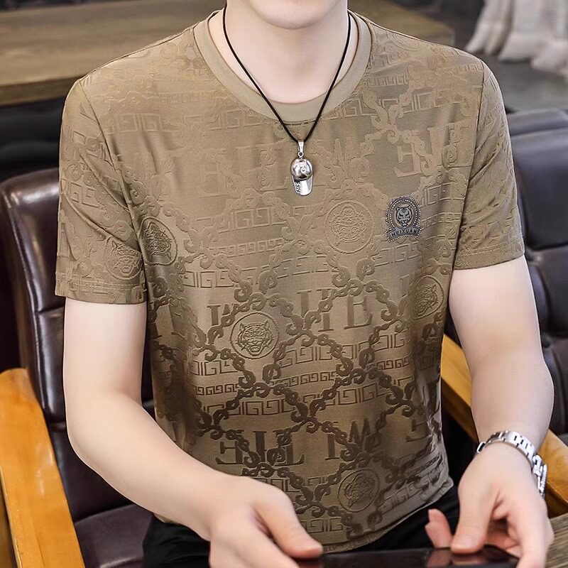 高端男士短袖T恤2025新款冰丝潮牌圆领修身品牌休闲半袖体恤男薄