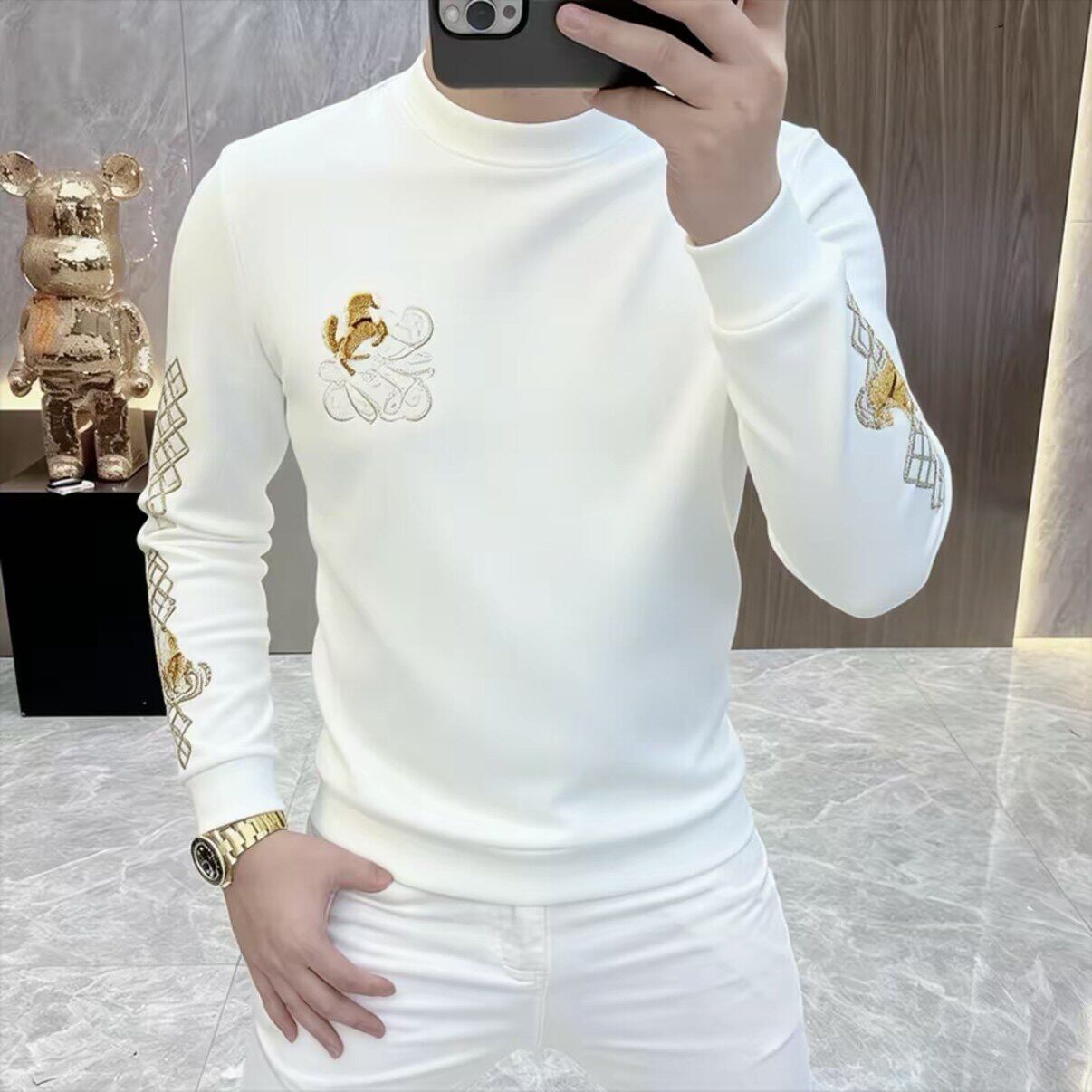 秋冬新款刺绣白色加厚卫衣男