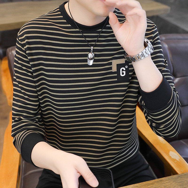 高端男士条纹卫衣春秋2024新款潮牌休闲圆领修身纯棉长袖T恤帅
