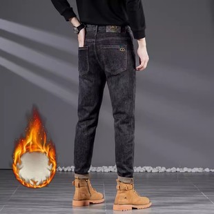 高端加绒牛仔裤男冬季2025新款潮牌修身小脚弹力休闲男士加厚裤子