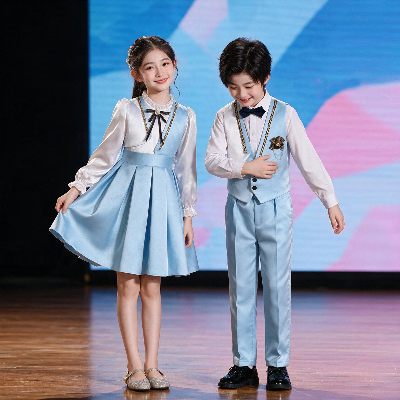 六一儿童合唱演出服男女童蓝色学院风朗诵比赛礼服装主持人礼服
