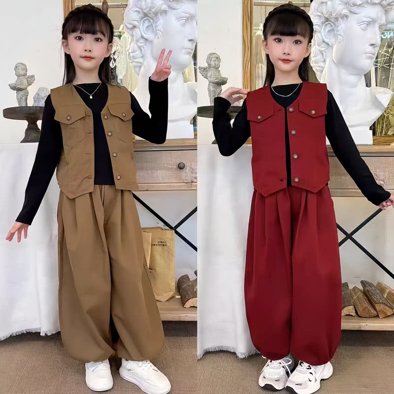 女童套装2025春装新款儿童洋气时髦工装马甲长袖打底衫裤子三件套