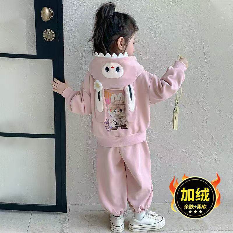 女童加绒套装秋冬新款洋气女宝宝冬装儿童运动连帽卫衣休闲两件套