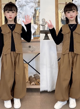 女童套装2025春装新款儿童洋气时髦马甲长袖打底衫萝卜裤子三件套