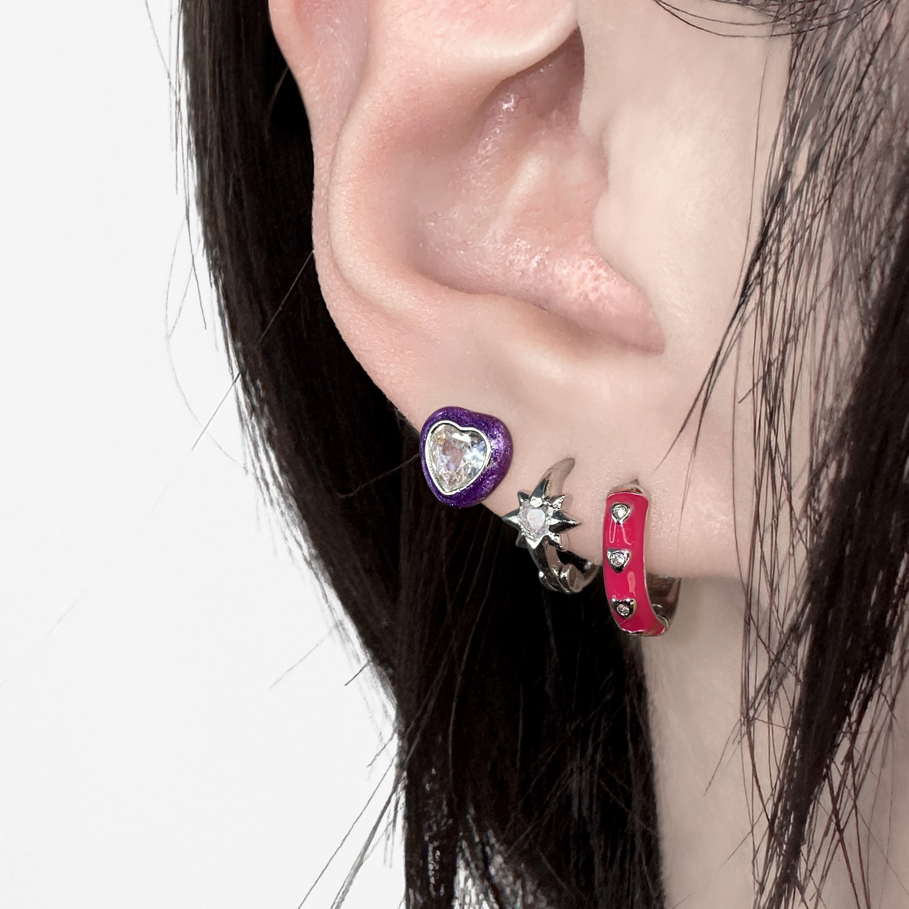 二十二丁目 紫色爱心耳钉女甜美气质星星耳环粉色心形耳圈耳扣