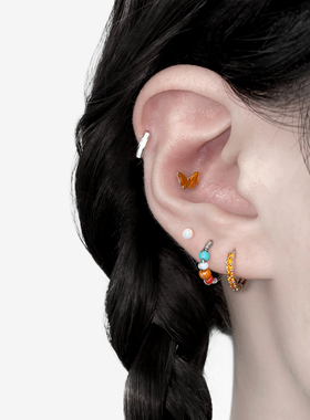 二十二丁目 排钻串珠橘色耳圈耳扣百搭高级感橙色小蝴蝶耳骨钉