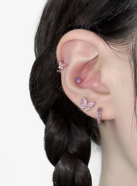 二十二丁目炫彩珍珠蝴蝶耳钉耳圈高级感紫色澳宝彩钻耳环秋冬耳饰