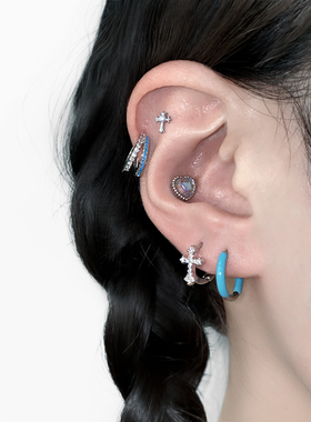 二十二丁目 双层蓝色锆石耳扣耳圈欧美辣妹百搭蝴蝶爱心十字耳钉