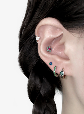 二十二丁目祖母绿锆石耳圈耳环蝴蝶耳饰耳扣花朵耳钉耳骨钉耳蜗钉