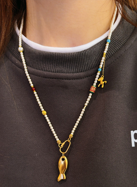 夫人手作 原创设计手工珍珠项链女款手工黄金吊坠万能链小黄鱼