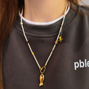 夫人手作 原创设计手工珍珠项链女款手工黄金吊坠万能链小黄鱼