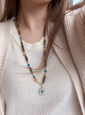 夫人手作 新中式国风木质沉香绿松石吊坠手工编绳原创项链毛衣链