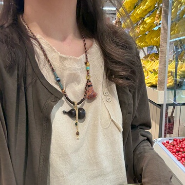 夫人手作 手工编绳大葫芦沉香木吊坠可调节项链毛衣链饰品