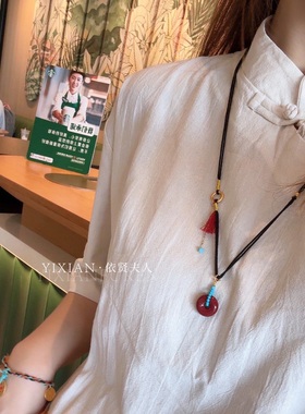 夫人手作 原创手工编绳天然朱砂平安扣可调节项链毛衣链安哥拉红