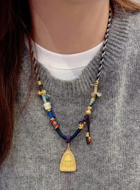 夫人手作 原创设计【紫霞】手工项链编绳黄金挂坠小胖福黄财神