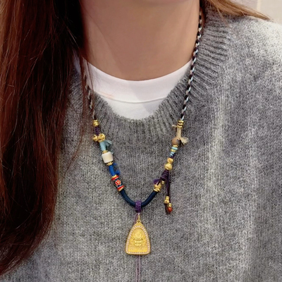 夫人手作 原创设计【紫霞】手工项链编绳黄金挂坠小胖福黄财神