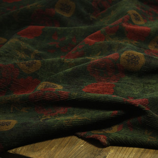 瓦娜家新品加厚秋冬全棉灯芯绒条水墨印花裙袍外套裙袍服装面料八