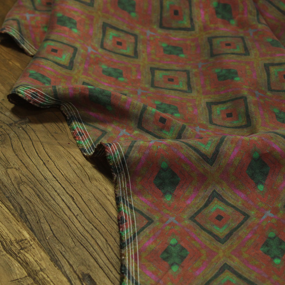 瓦娜家新款铜氨丝印花双色菱形花布料双面印效果衬衫裙袍服装面料