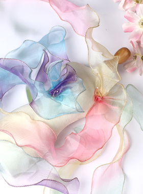 6cm彩虹花边辅料 鱼尾纱锁金边波浪渐变纱蝴蝶结头饰手工包装彩带