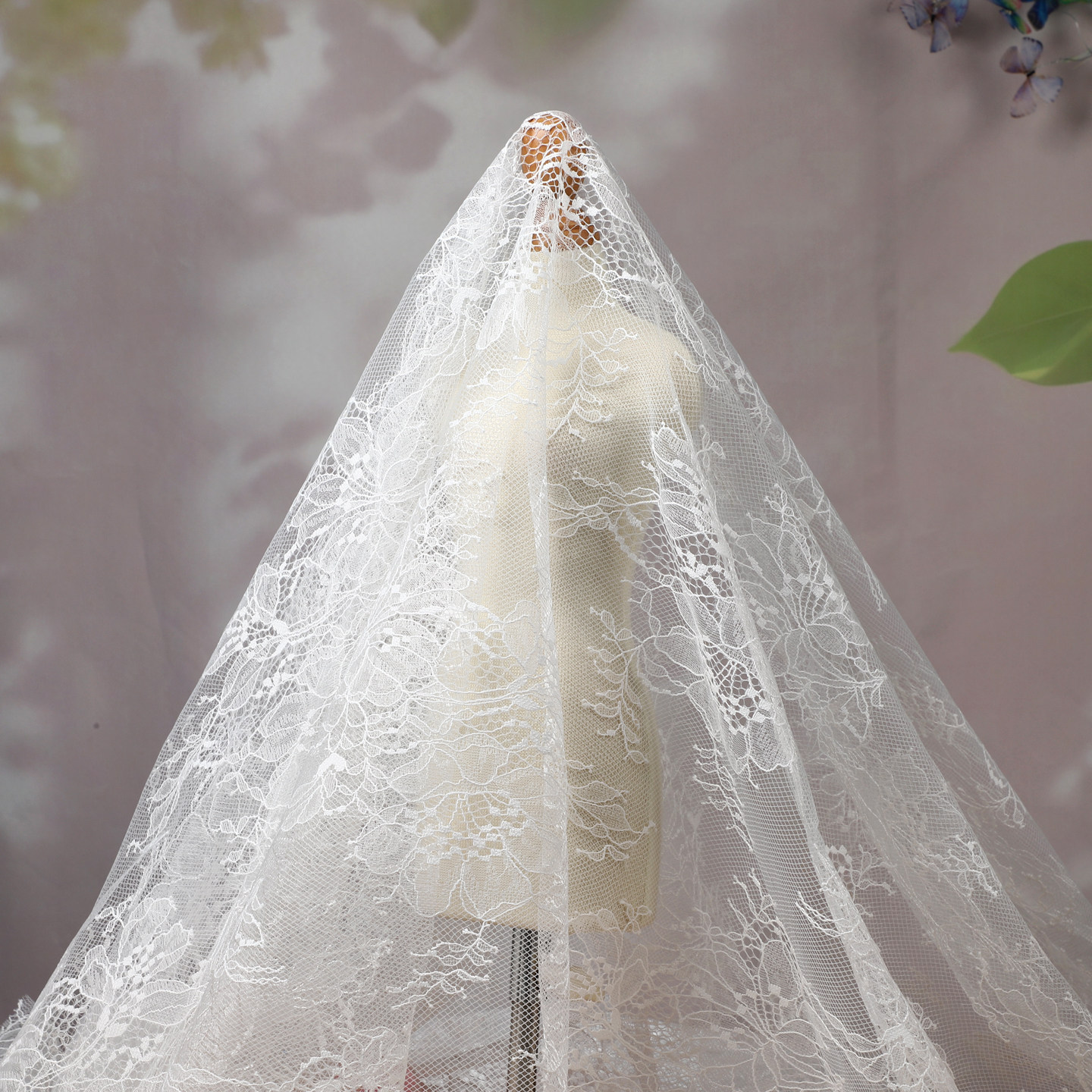 白色百合花蕾丝布料镂空工艺服装手工diy婚礼纱幔设计师弹力面料