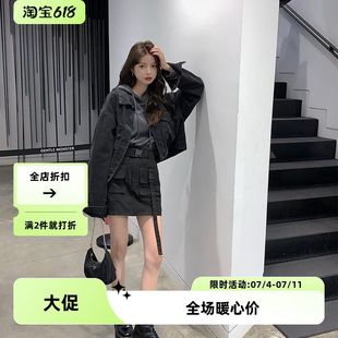 新款 港風短款 女2020bf寬松蝙蝠袖 黑色牛仔外套夾克春秋韓版 學生潮