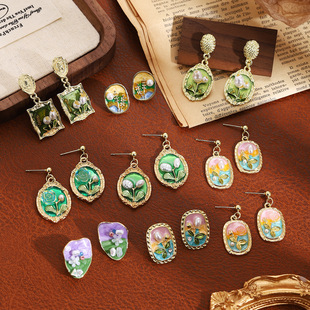 银针法式 复古高级感中古风绿色油画耳钉女 莫奈花园方形珍珠耳坠