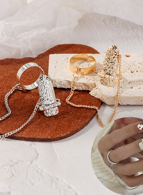 个性创意链条珍珠指甲戒 甜酷冷淡开口新潮金属肌理炸街戒指指环