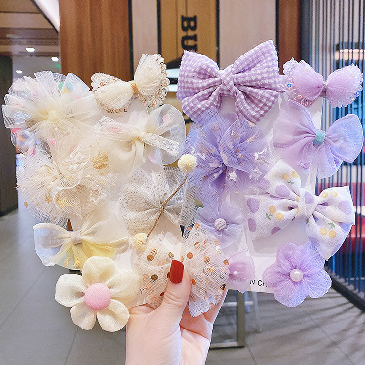 韩国新款儿童发夹网纱可爱宝宝夹女童蝴蝶结花朵超仙公主侧夹套装