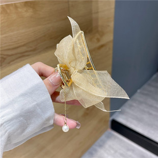 韩国蕾丝蝴蝶结发夹鲨鱼夹网红气质女夏发卡后脑勺抓夹高级感头饰