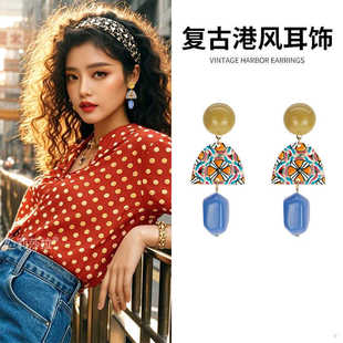 复古巴洛克日系复古黄蓝撞色小巧耳钉女韩国耳环气质耳饰